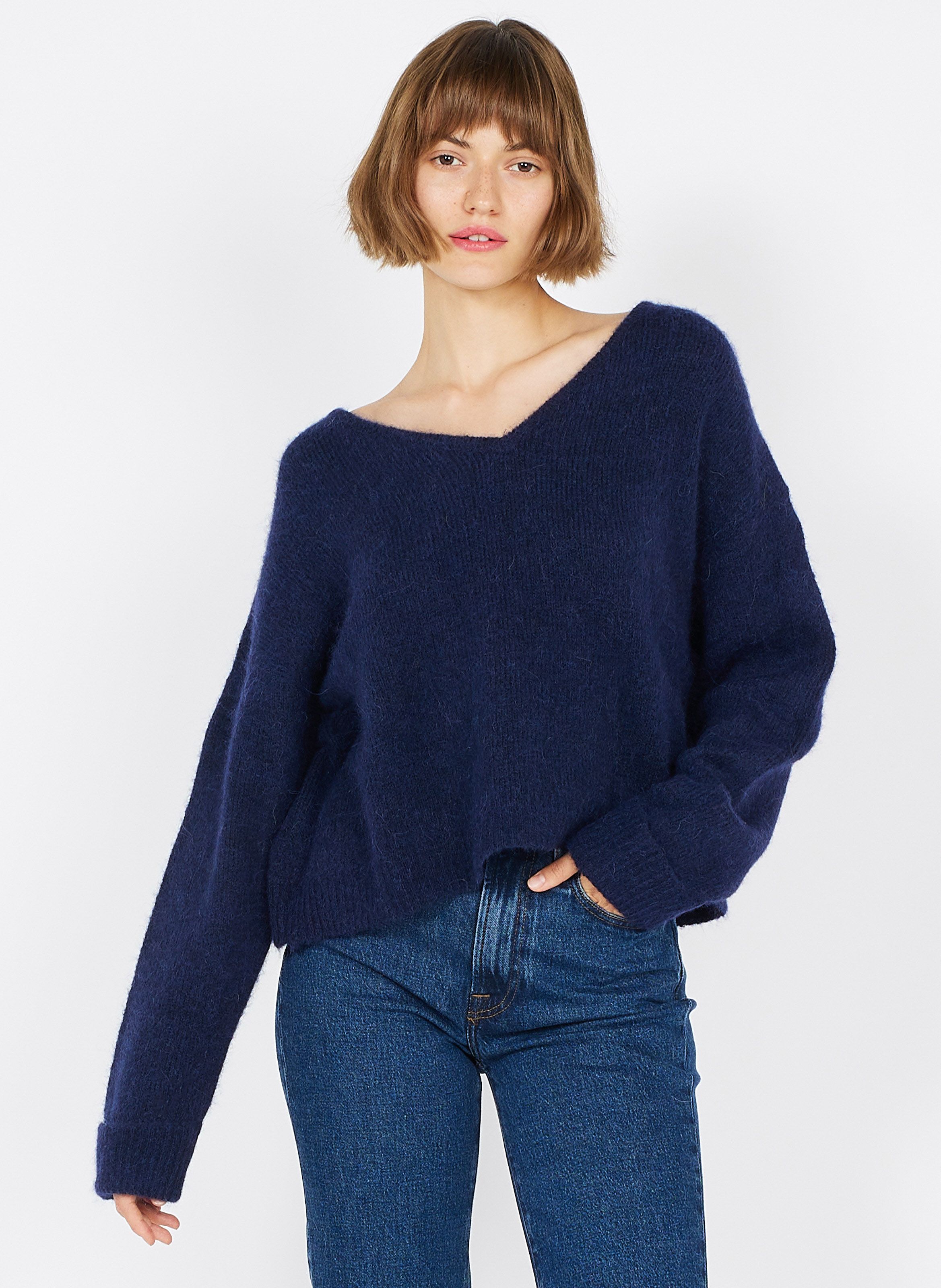 Pullover aus Alpaka Mix mit V Ausschnitt in Blau