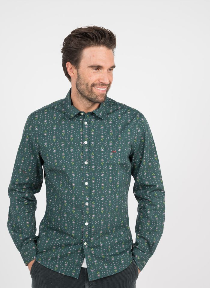 COTELAC Tailliertes Baumwollhemd mit klassischem Kragen und Blumenprint in Grün