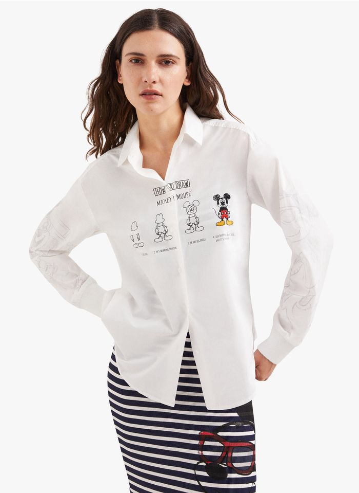 DESIGUAL Weite, bedruckte Bluse aus Baumwoll-Popeline mit klassischem Kragen in Weiß