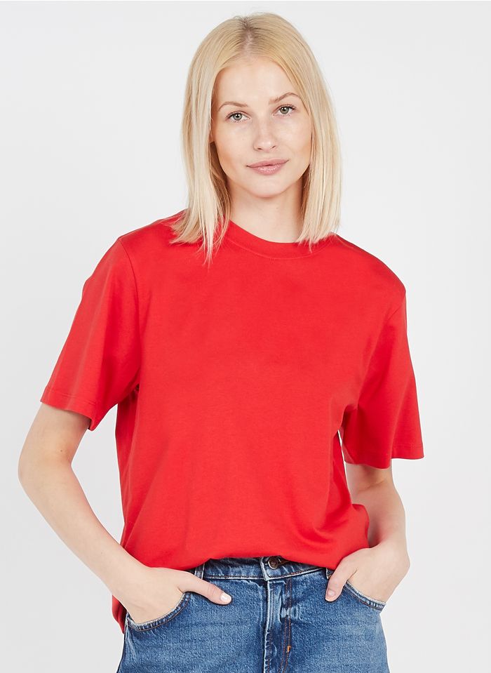 ESSENTIEL ANTWERP Rundhals-T-Shirt aus Baumwolle mit Siebdruck in Rot