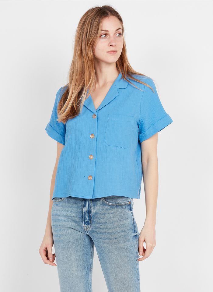 FRNCH Bluse aus strukturierter Baumwolle mit Kuba-Kragen in Blau