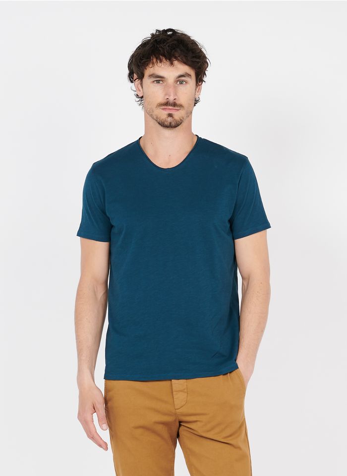 IKKS T-Shirt aus Baumwoll-Flammgarn mit V-Ausschnitt, Slim Fit in Blau