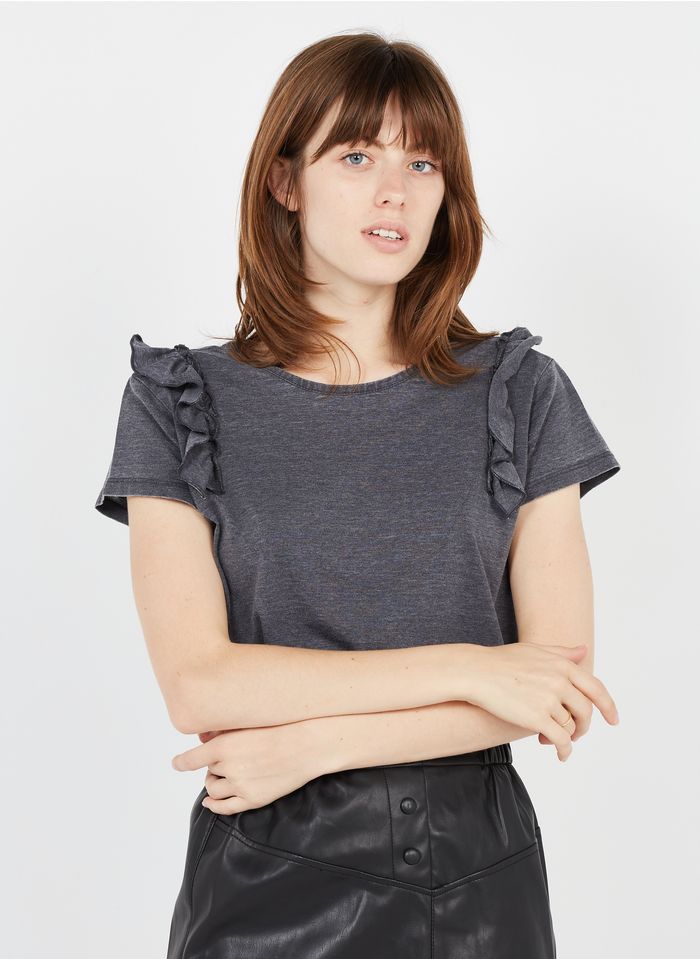 IKKS T-Shirt aus Baumwoll-Mix mit rüschenbesetztem V-Ausschnitt in Schwarz