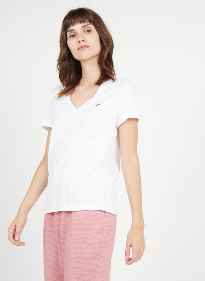 LACOSTE Besticktes Baumwoll-T-Shirt mit V-Ausschnitt in Weiß