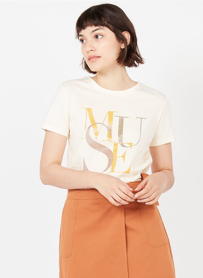 MAISON 123 Rundhals-T-Shirt aus Baumwolle mit Siebdruck in Beige