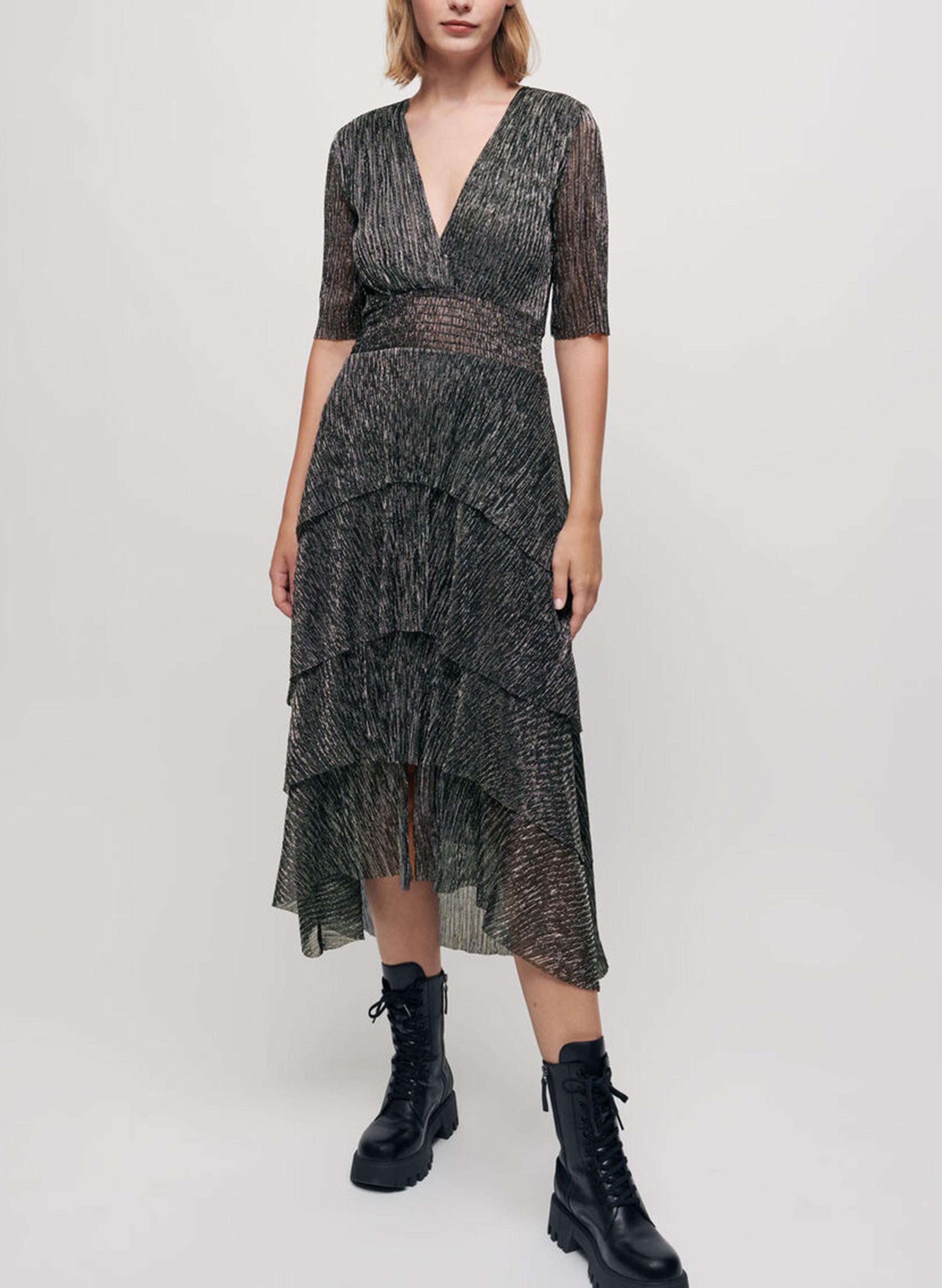 Midikleid Aus Lame Mit V Ausschnitt Und Ruschen Argent Maje Damen Place Des Tendances 