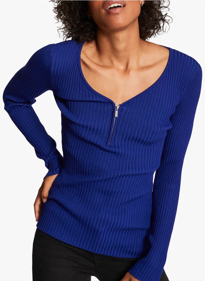 MORGAN Rippstrick-Pullover mit V-Ausschnitt und Reißverschluss in Blau