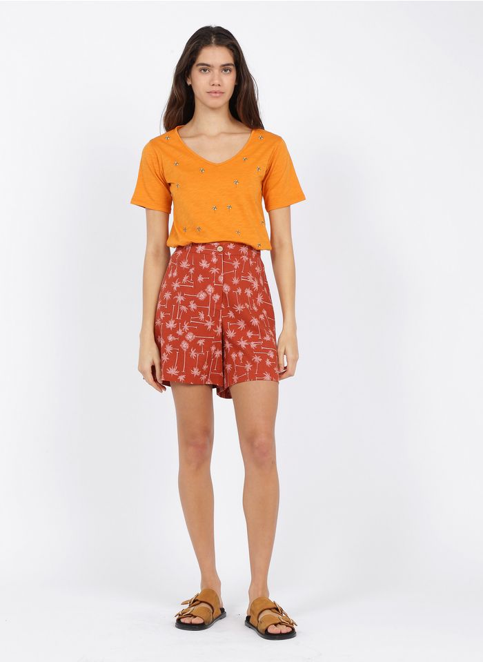 NICE THINGS Bedruckte Shorts aus Leinen-Mix in Orange