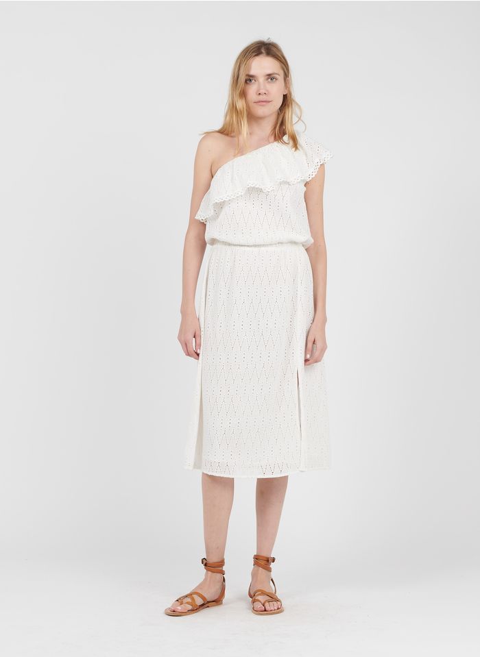 ONE STEP Langes One-Shoulder-Kleid mit Allover-Lochstickerei in Weiß