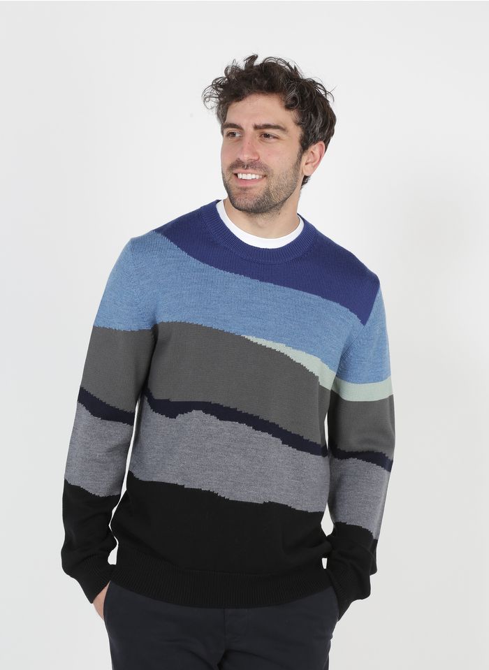 PAUL SMITH Rundhalspullover aus Wolle und Baumwolle mit Streifen, Regular Fit in Blau