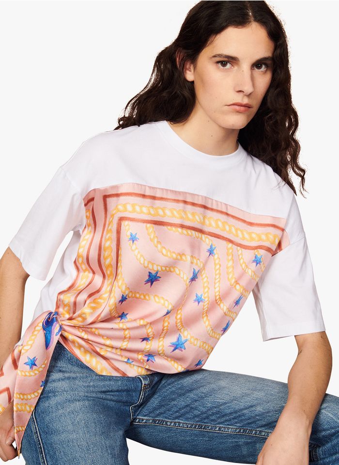 SANDRO Bedrucktes Rundhals-T-Shirt aus Bio-Baumwolle in Weiß