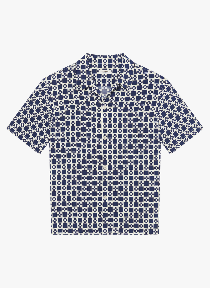 SANDRO Hemd mit Kuba-Kragen und geometrischem Print, Regular Fit in Blau