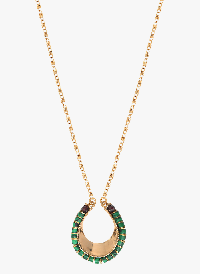 SATELLITE PARIS Lange Halskette mit Malachit und Granat in Grun