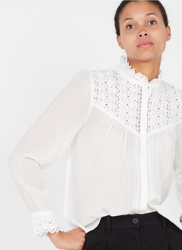 SEE U SOON Bestickte Bluse mit viktorianischem Kragen in Weiß