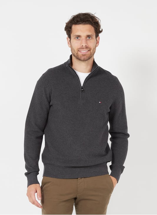 Pullover Aus Bio-baumwolle Mit Stehkragen Und ReiÃ?verschluss, Regular Fit Grey Tommy Hilfiger pullover mit reißverschluss kragen herren