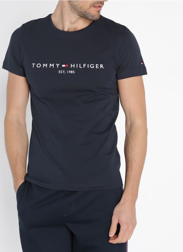 TOMMY HILFIGER Rundhals-T-Shirt aus Bio-Baumwolle mit Stickerei, Slim Fit in Blau