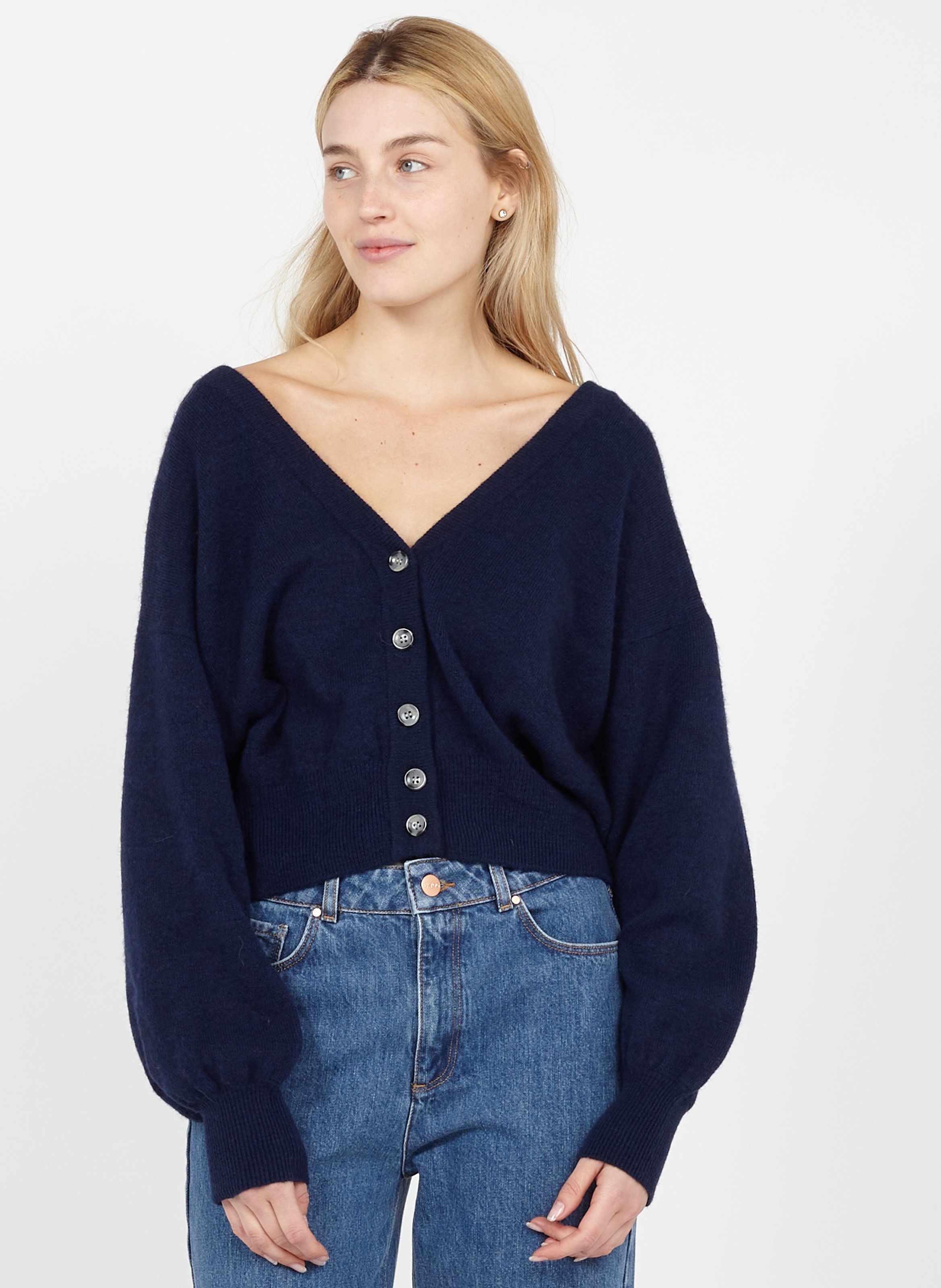 navy blue v neck cardigan womens