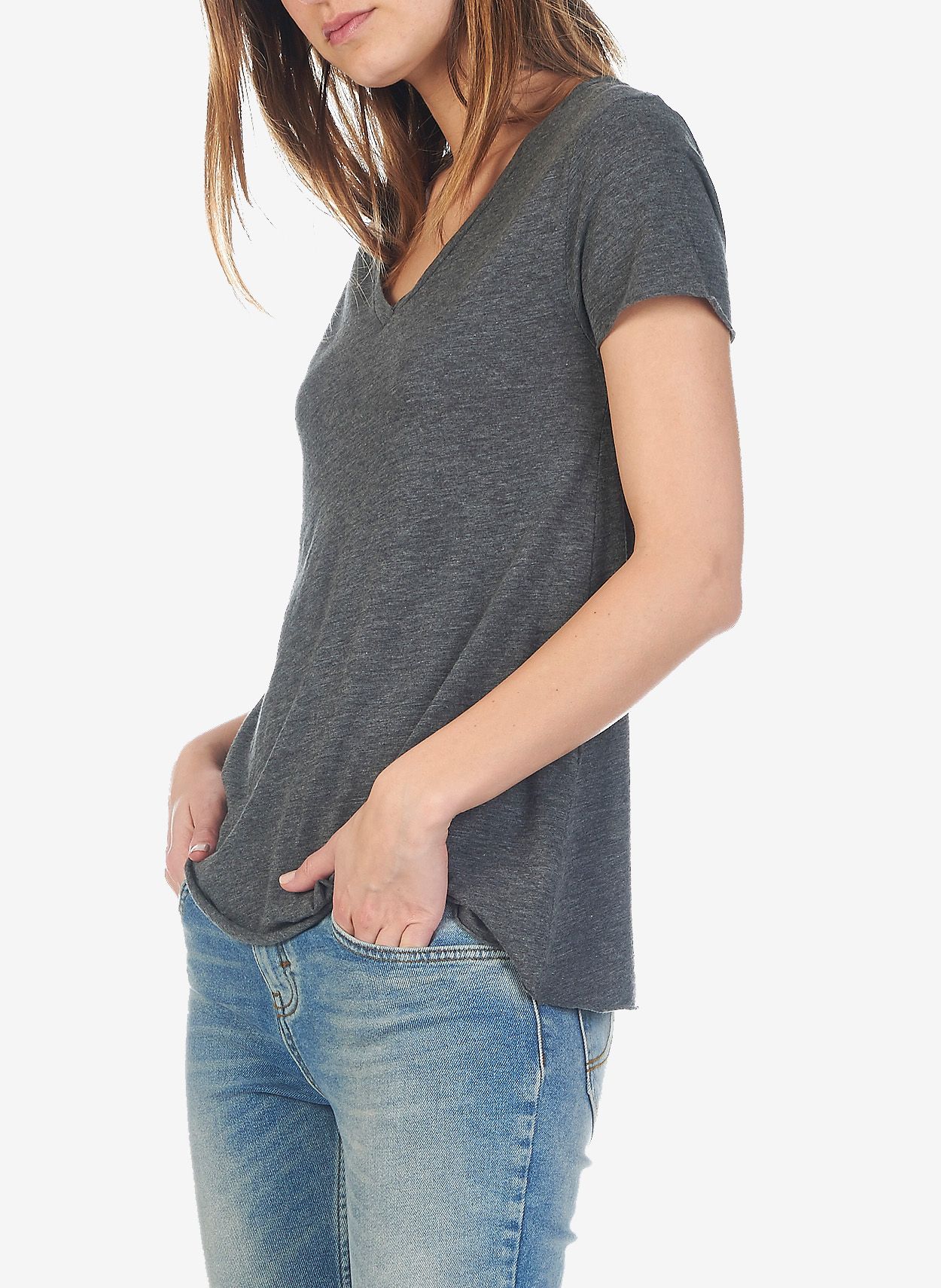 Grey V neck cotton blend T shirt