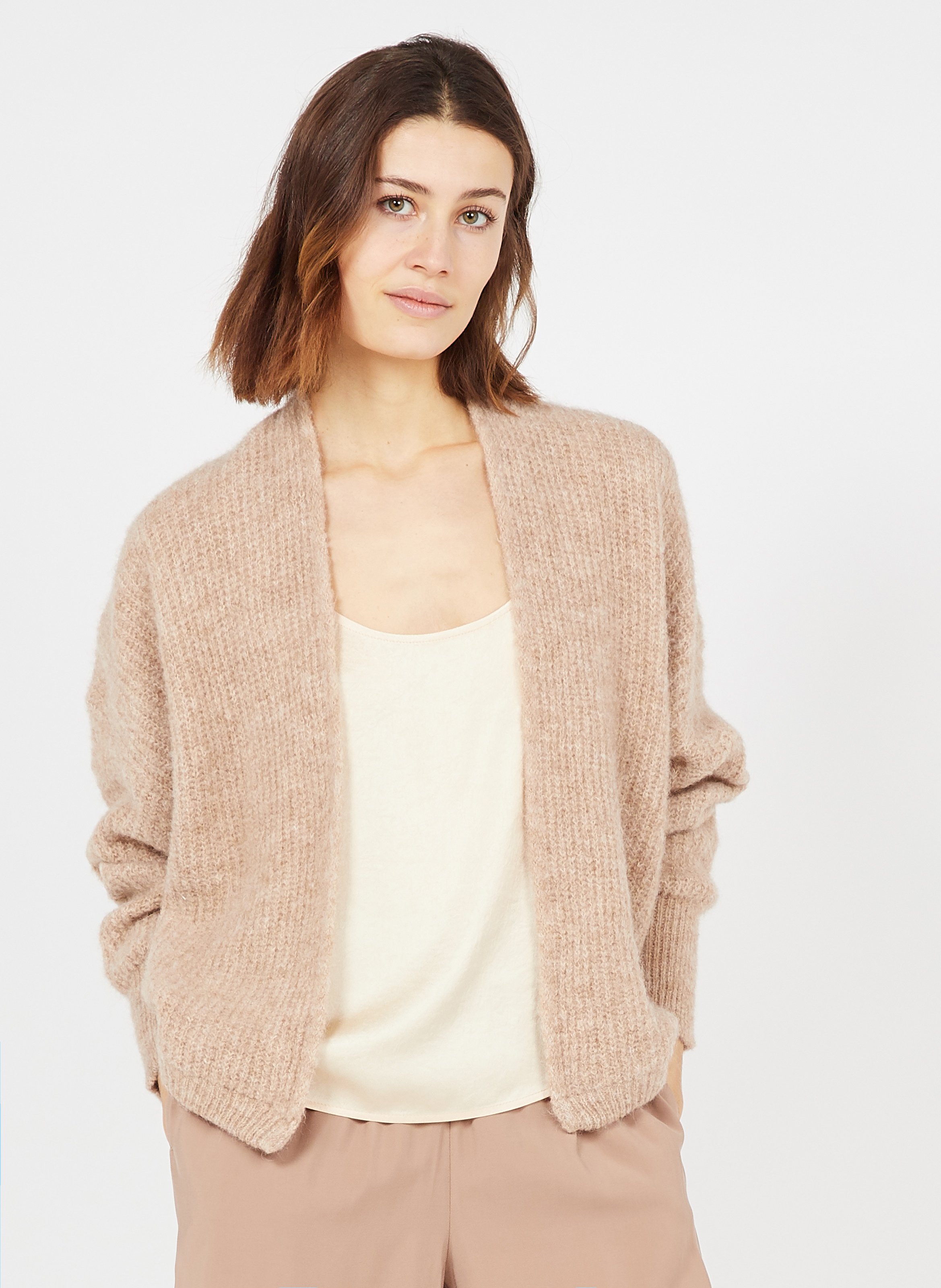 Wool-blend Open Cardigan Beige Chine 