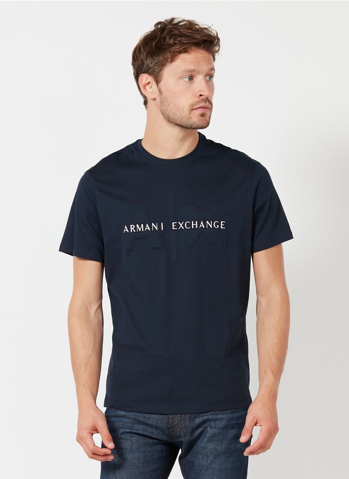 ARMANI EXCHANGE Blue Regular-fit embroidered cotton T-shirt with round neck
