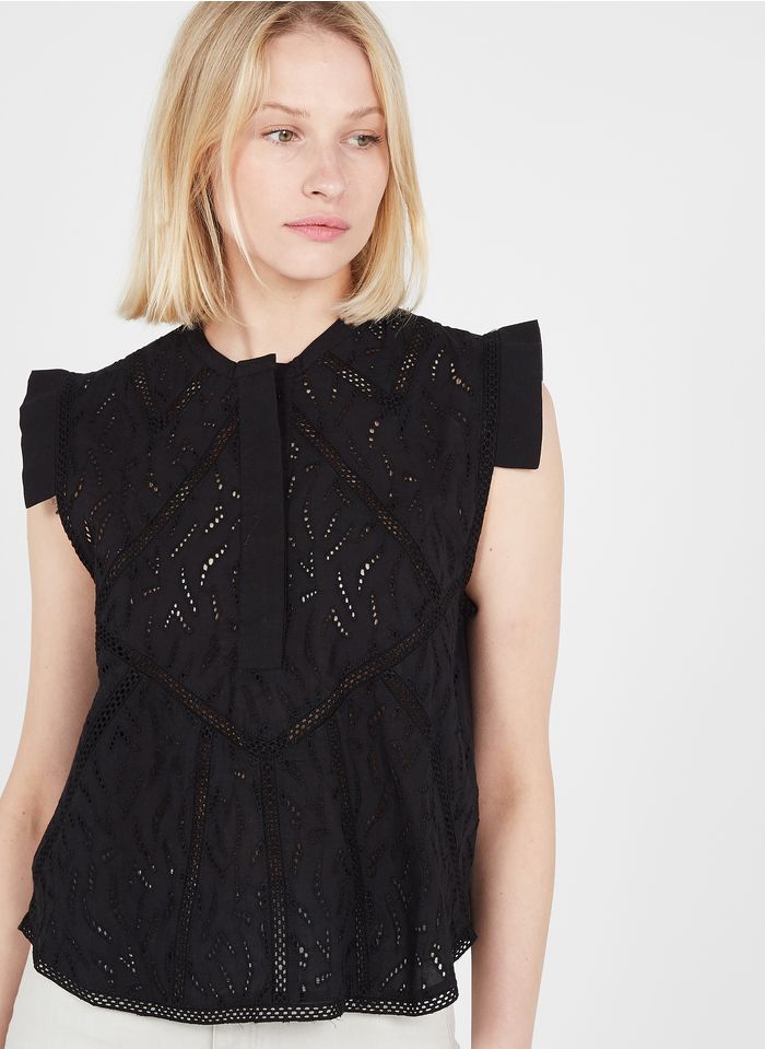 BERENICE Black Embroidered round-neck cotton top