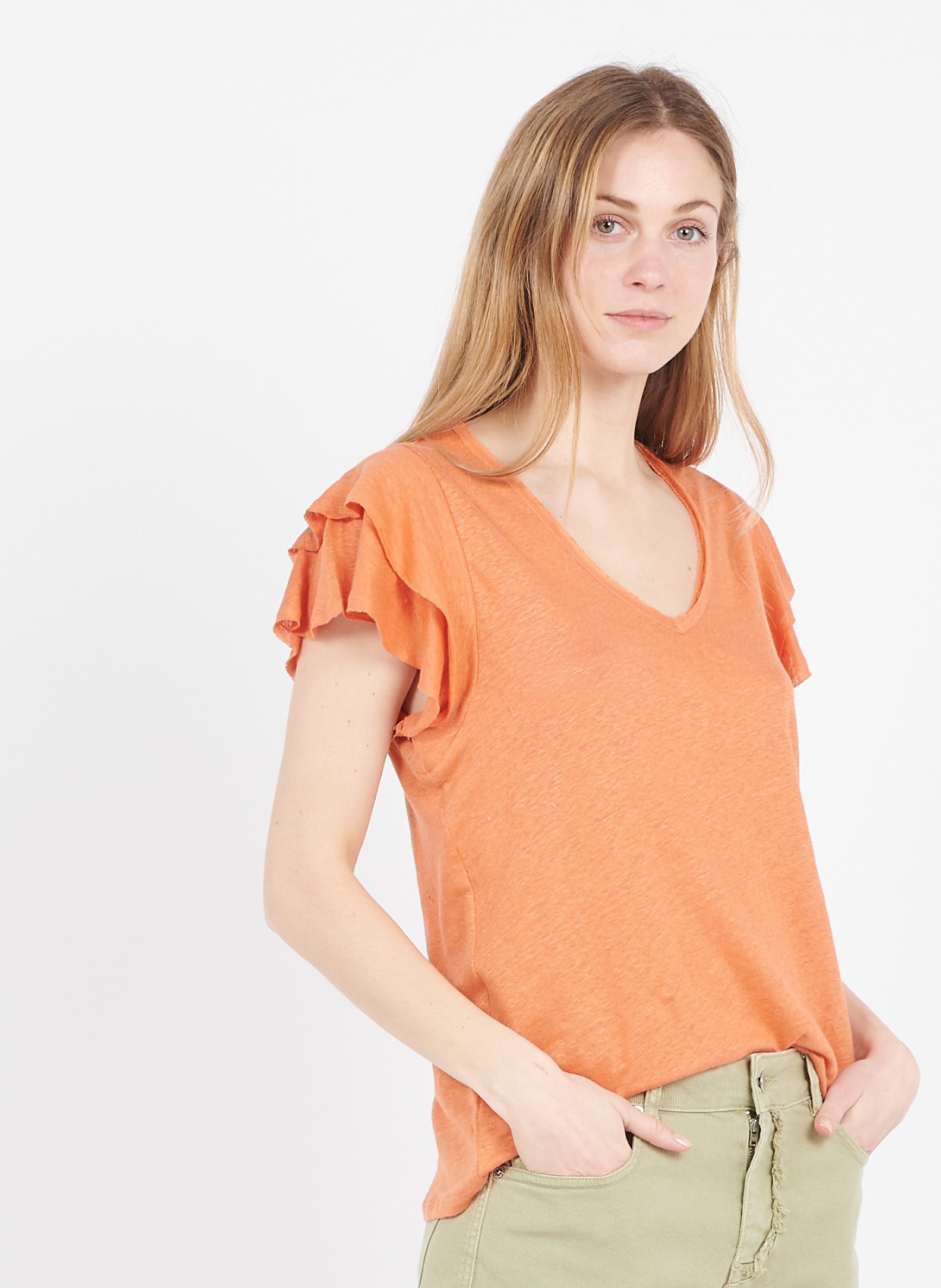 Sale V-neck Linen T-shirt Papaya 