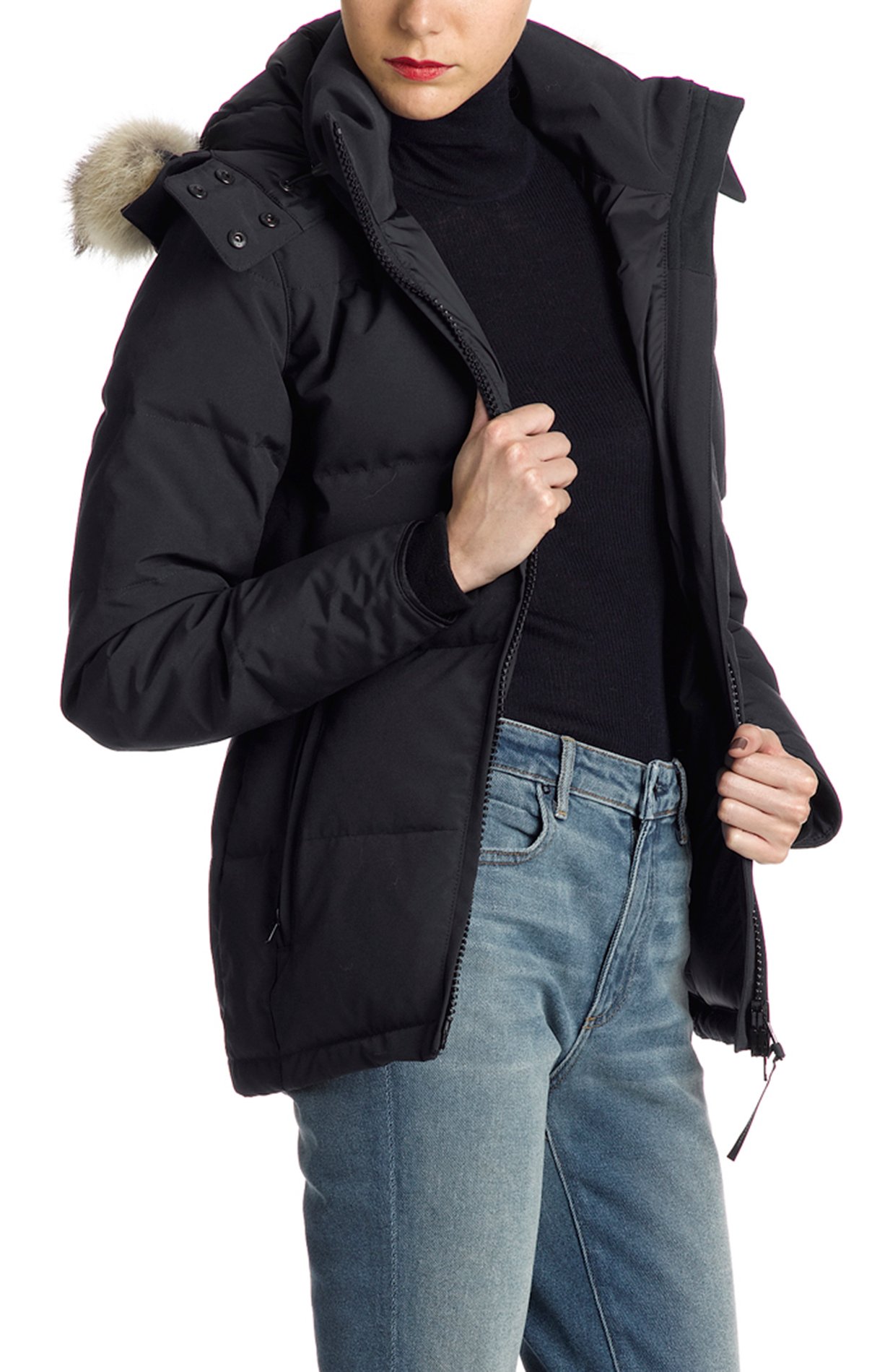 black coat with blue fur hood