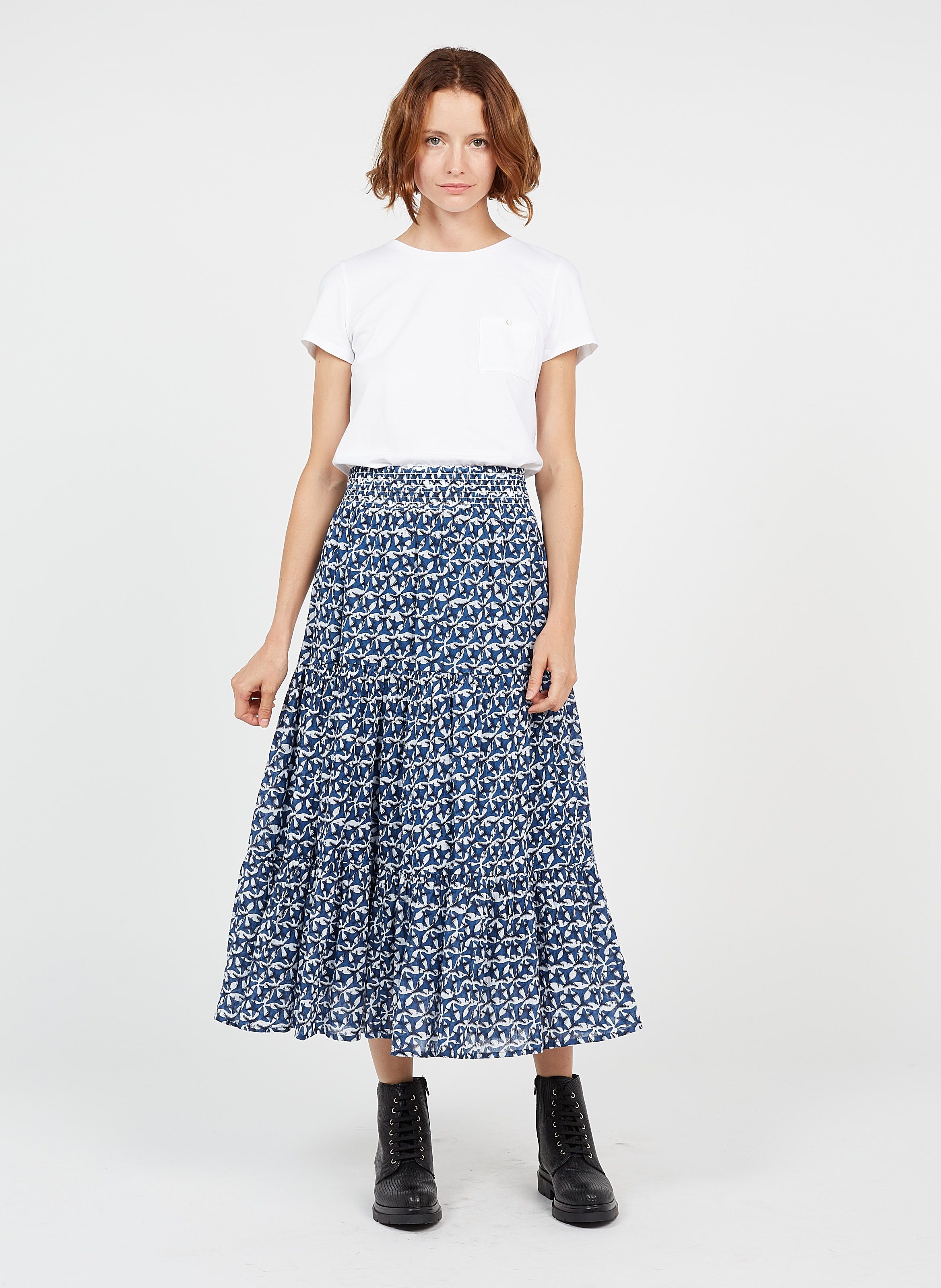 Printed Cotton Midi Skirt Marine 