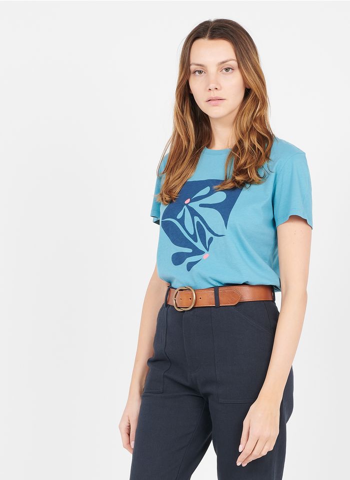 CAROLL Blue Round-neck printed cotton T-shirt