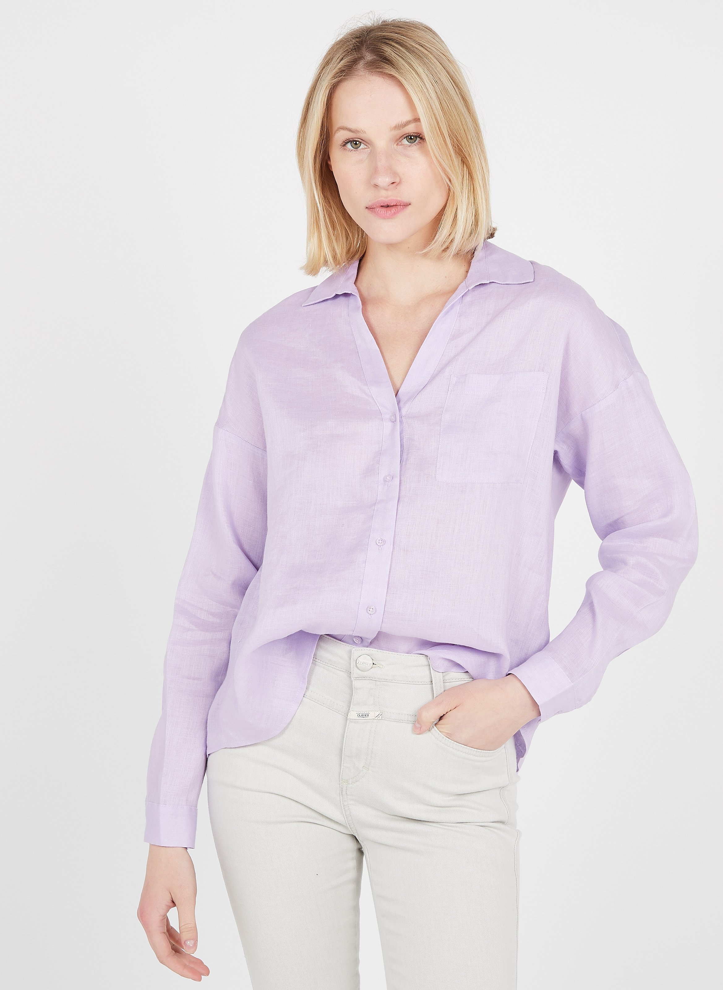 Sale V-neck Linen Shirt Lavande Uni 