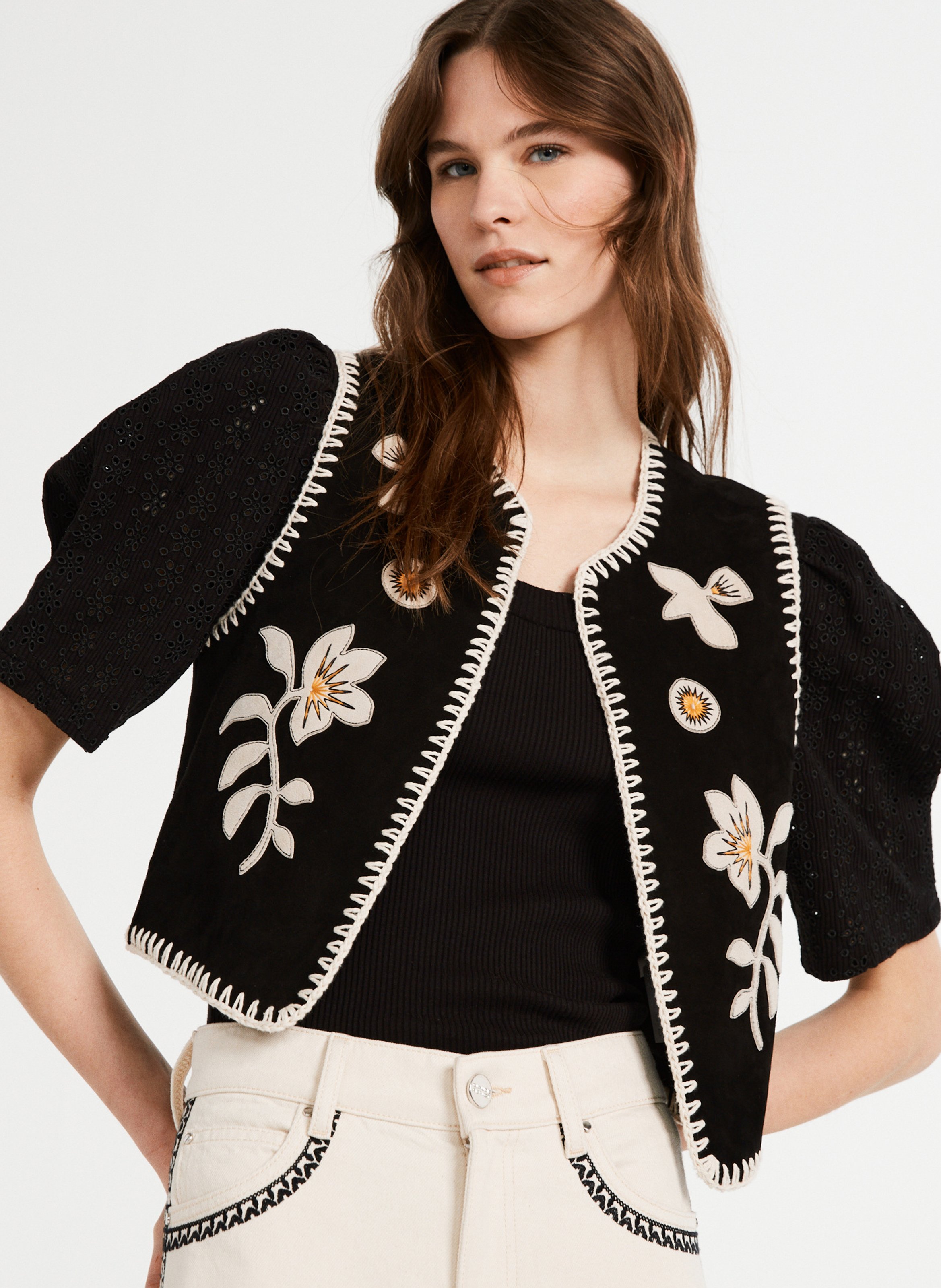 embroidered black leather jacket