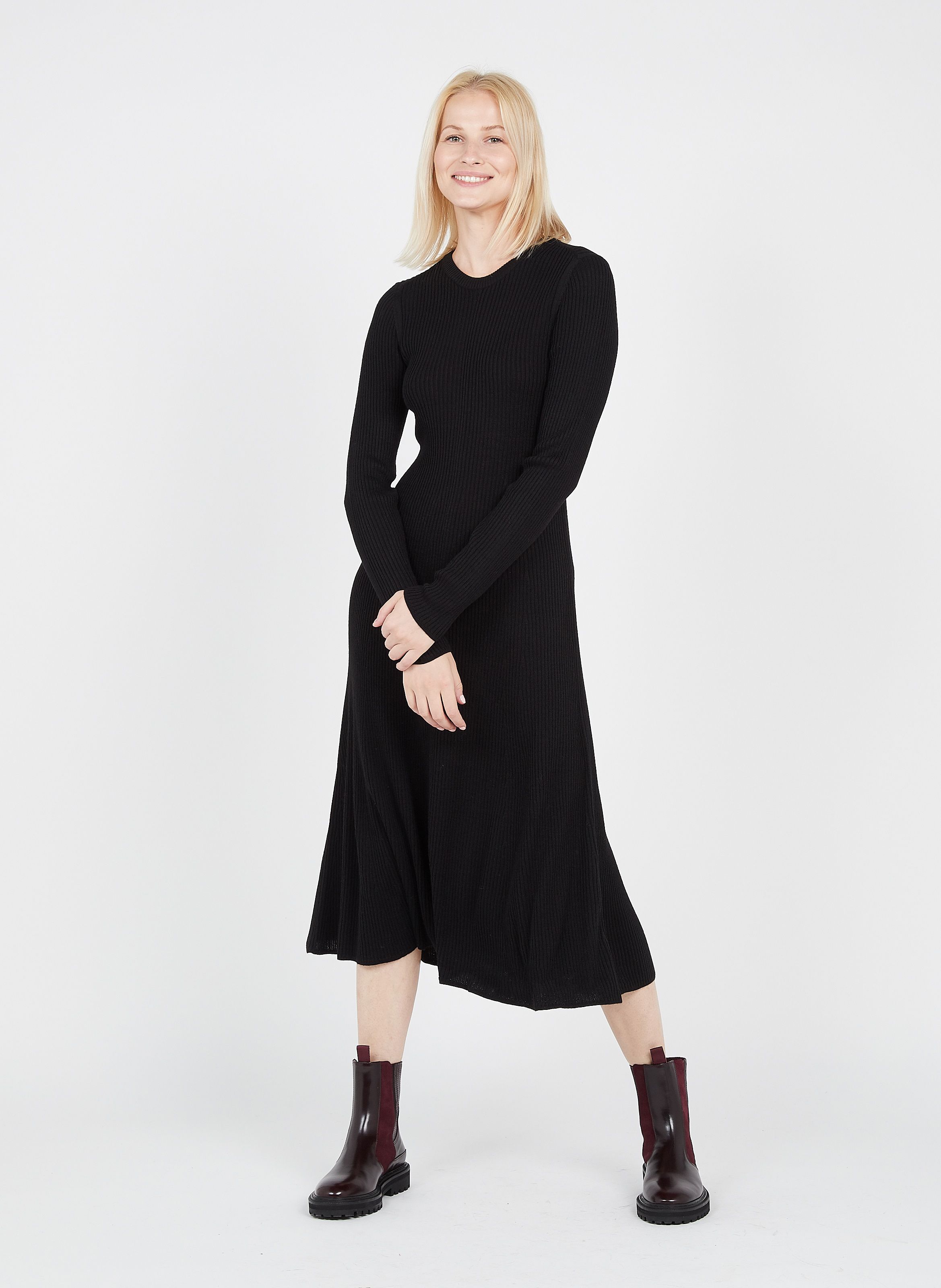 black wool midi dress