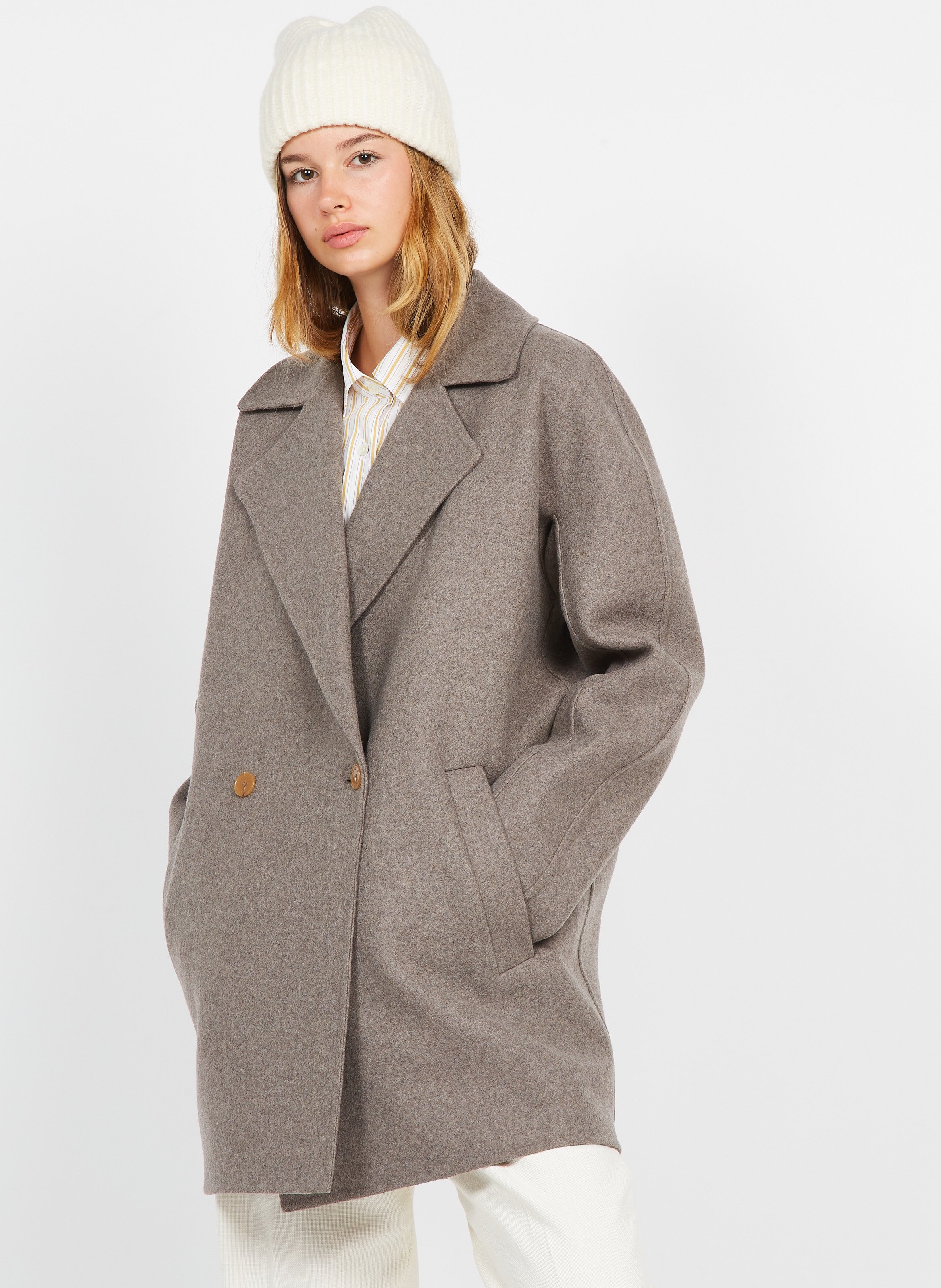 Wool Reefer Jacket With Tailored Collar Dark Shadow Closed Women