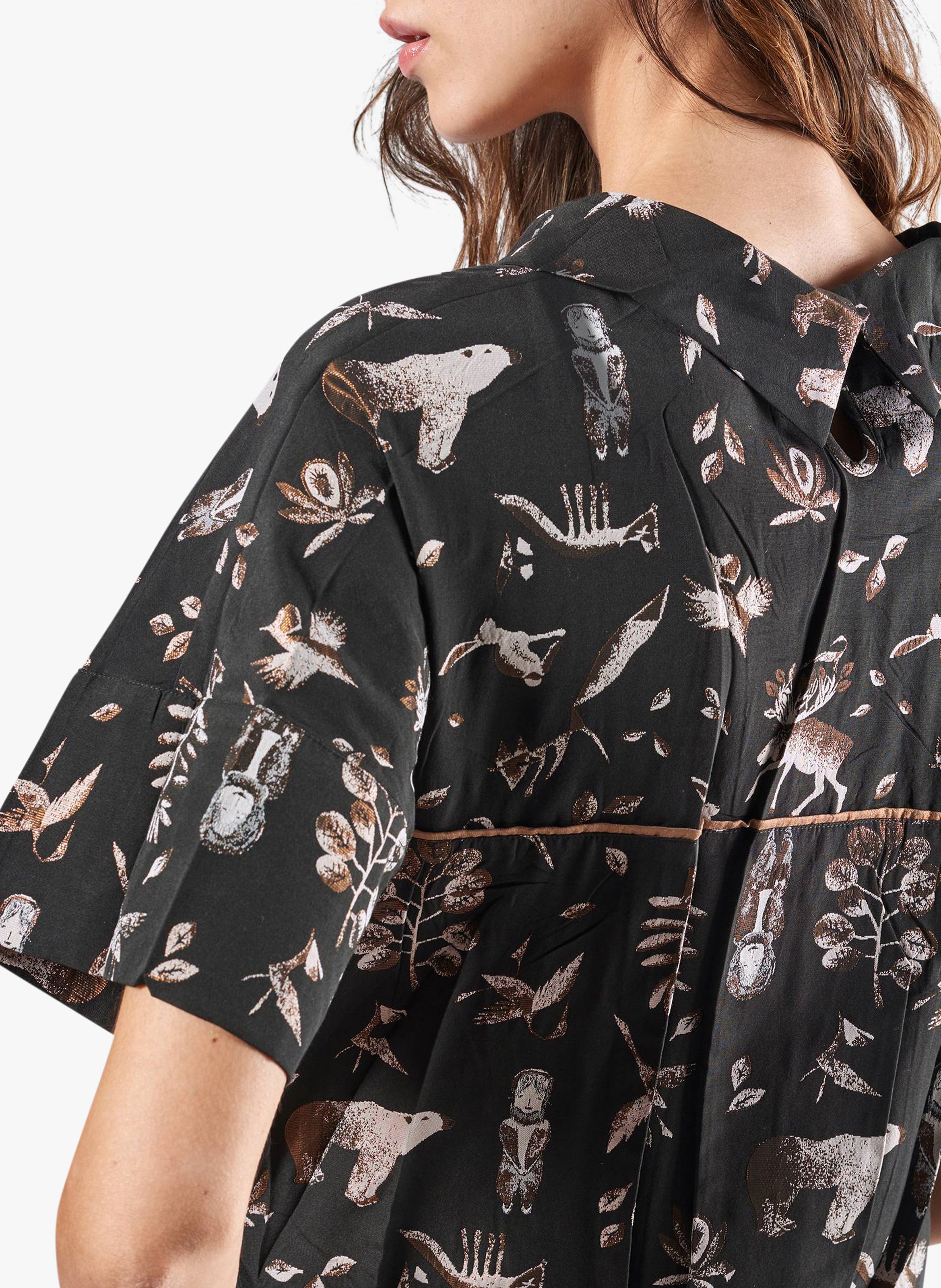 Black Short metallic jacquard dress with high fold-over collar