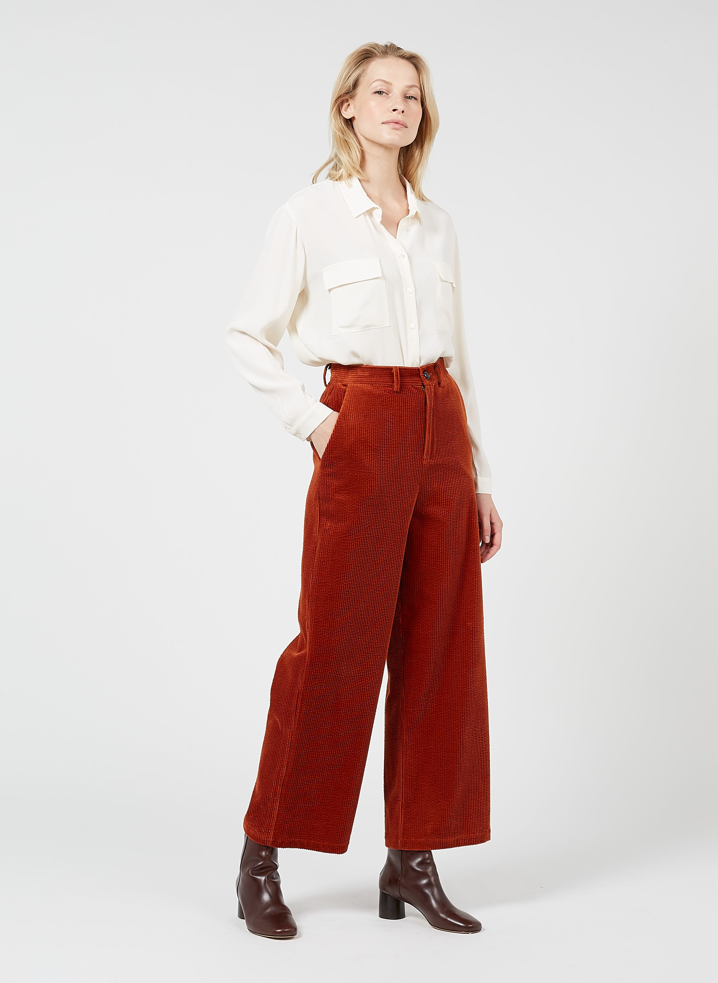 wide leg orange trousers