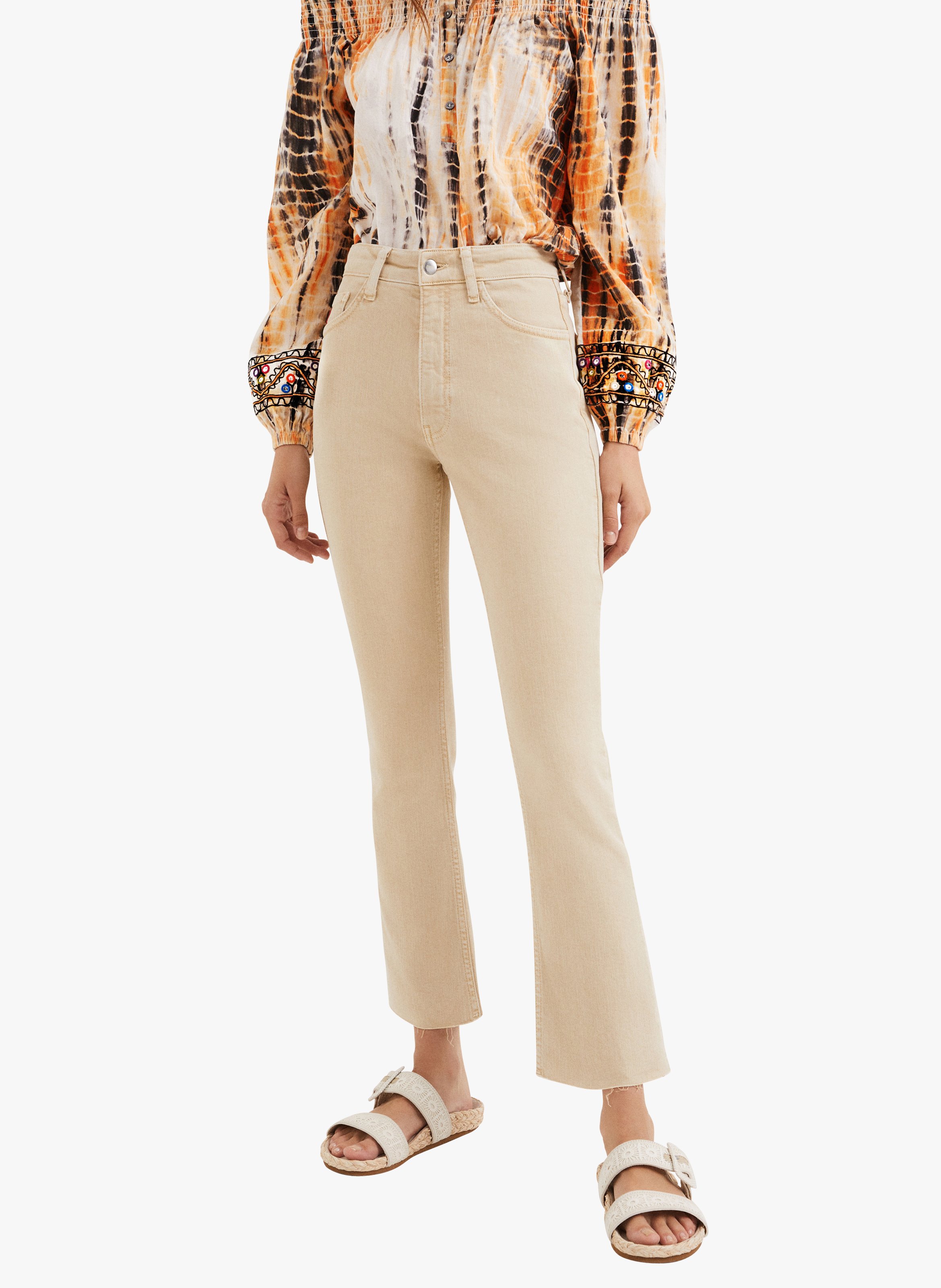 Embroidered Stretch Cotton Slim-fit 7/8 Jeans Marron Desigual - Women |  Place des Tendances
