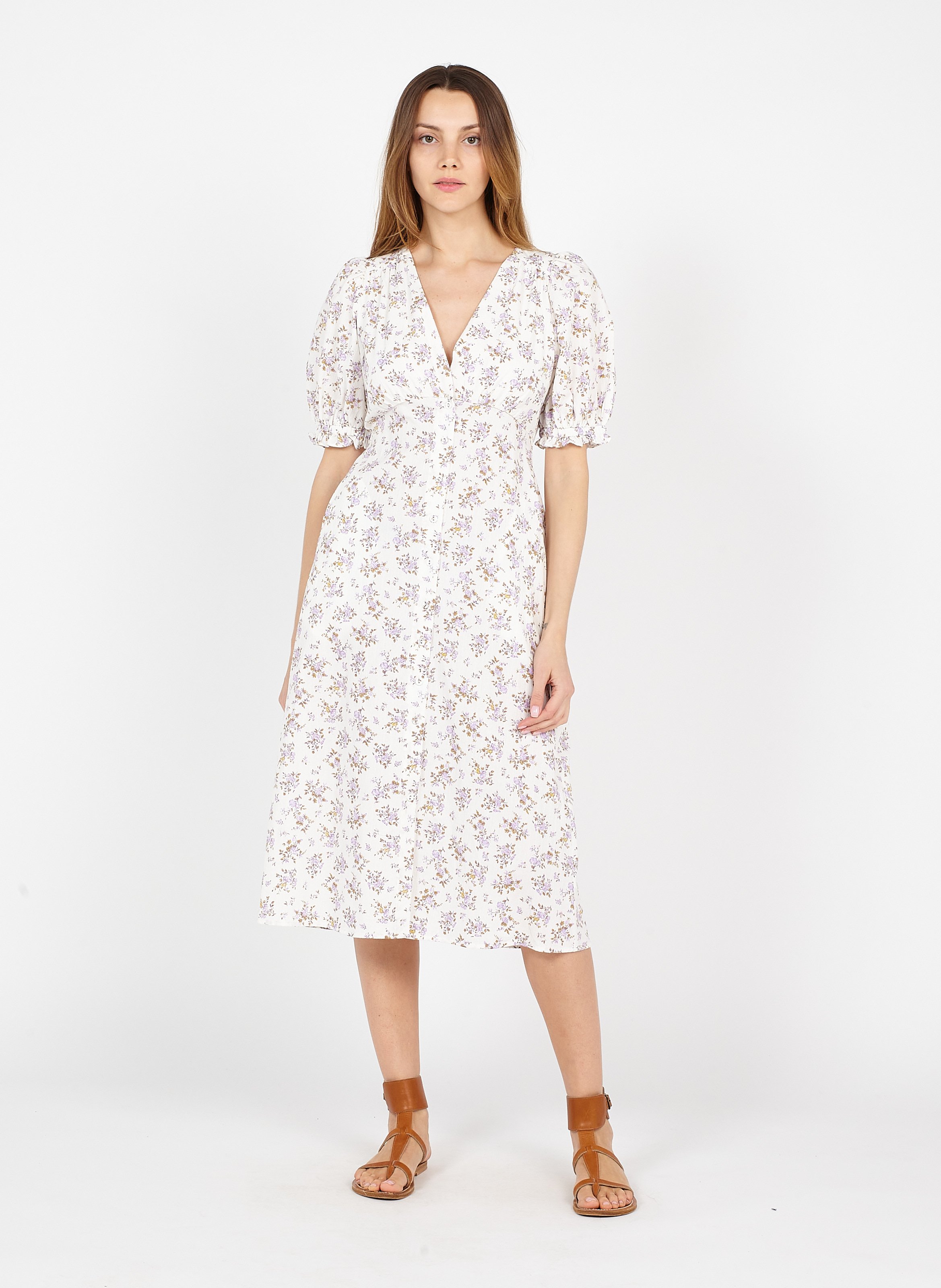 Floral Print Cotton V-neck Midi Dress 