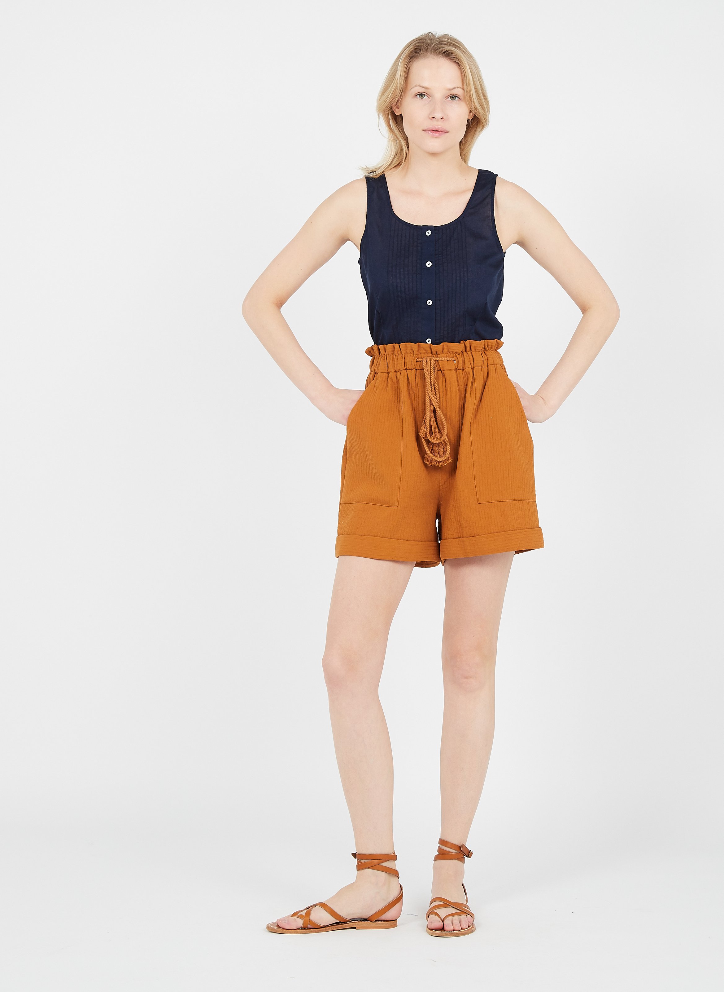 Sale High-waisted Cotton Shorts Ocre 