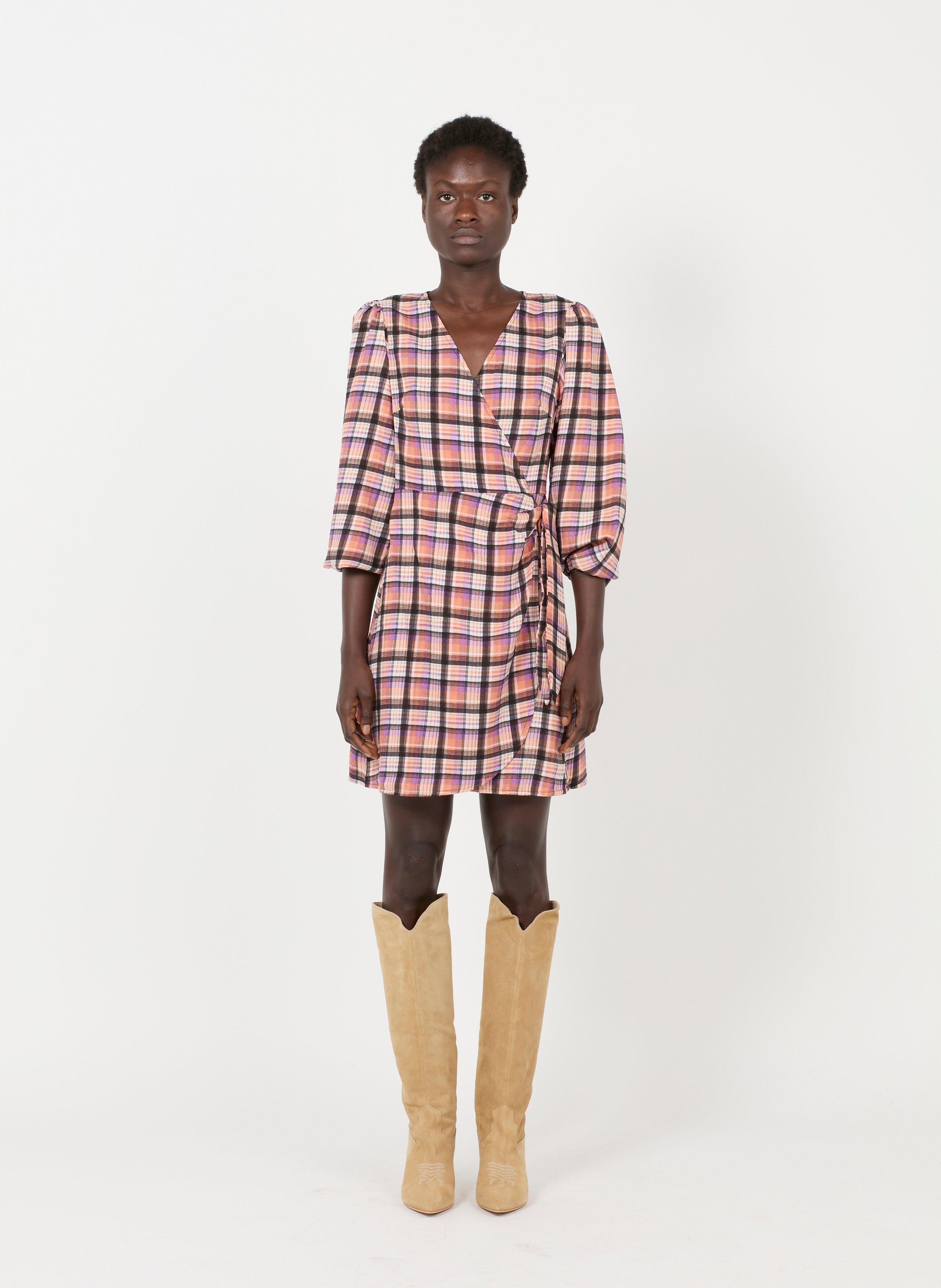 checked wrap dress
