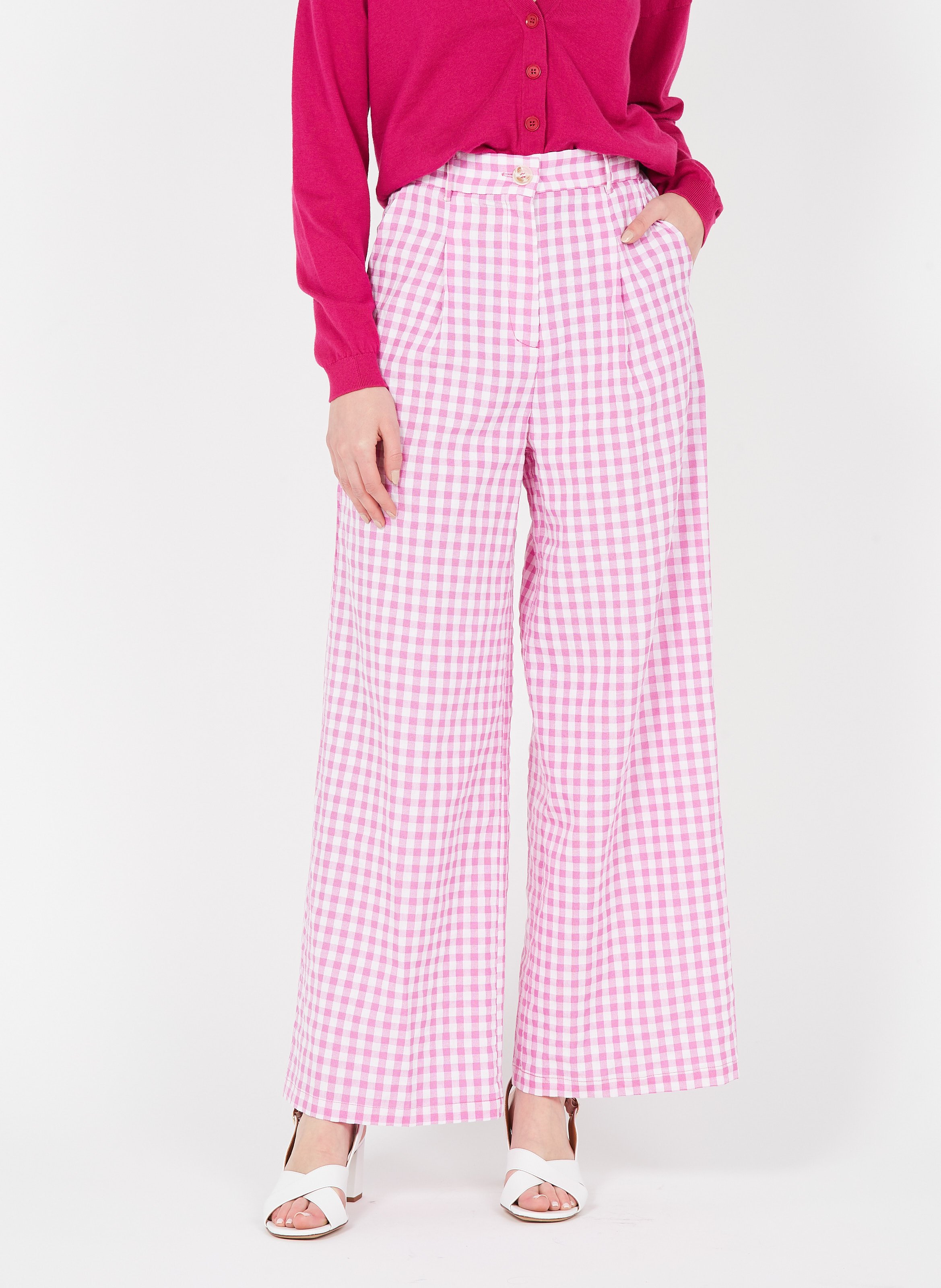 Sale Wide-leg Gingham Print Pants With 