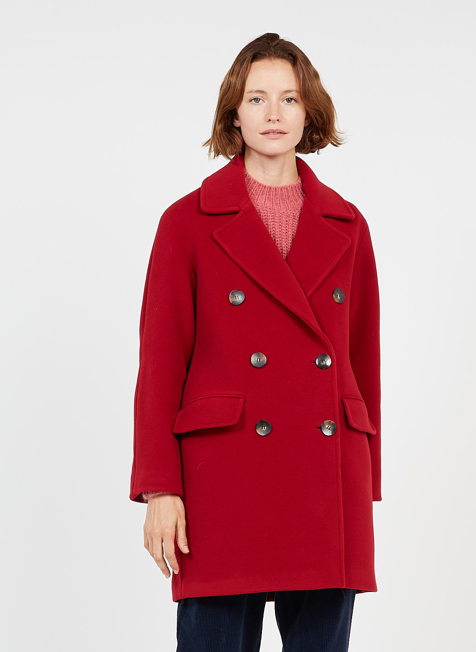 red tailored coat