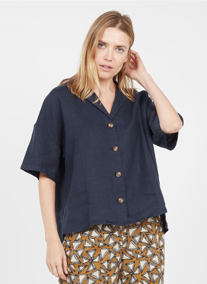 HARRIS WILSON Blue Loose-fit linen shirt with tailored collar