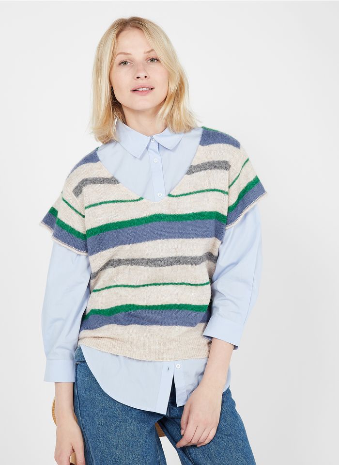HARRIS WILSON White Striped mixed-knit V-neck sweater