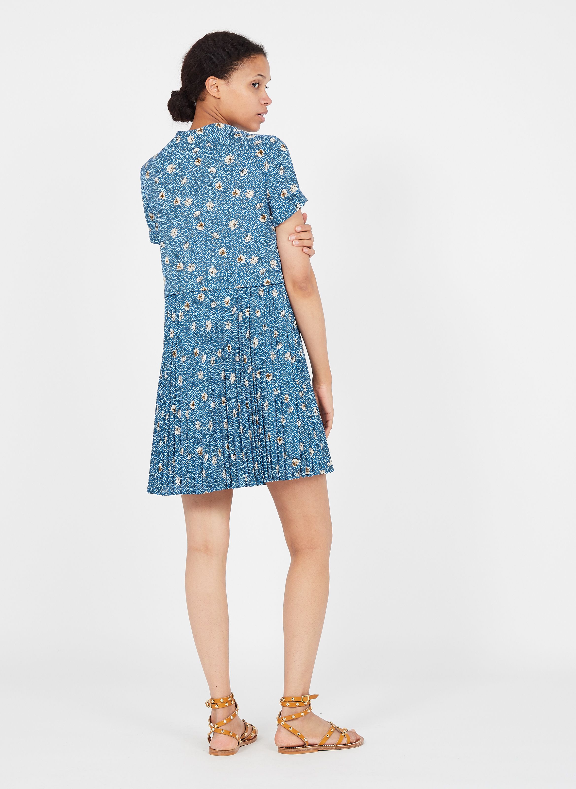 blue pleated floral dress