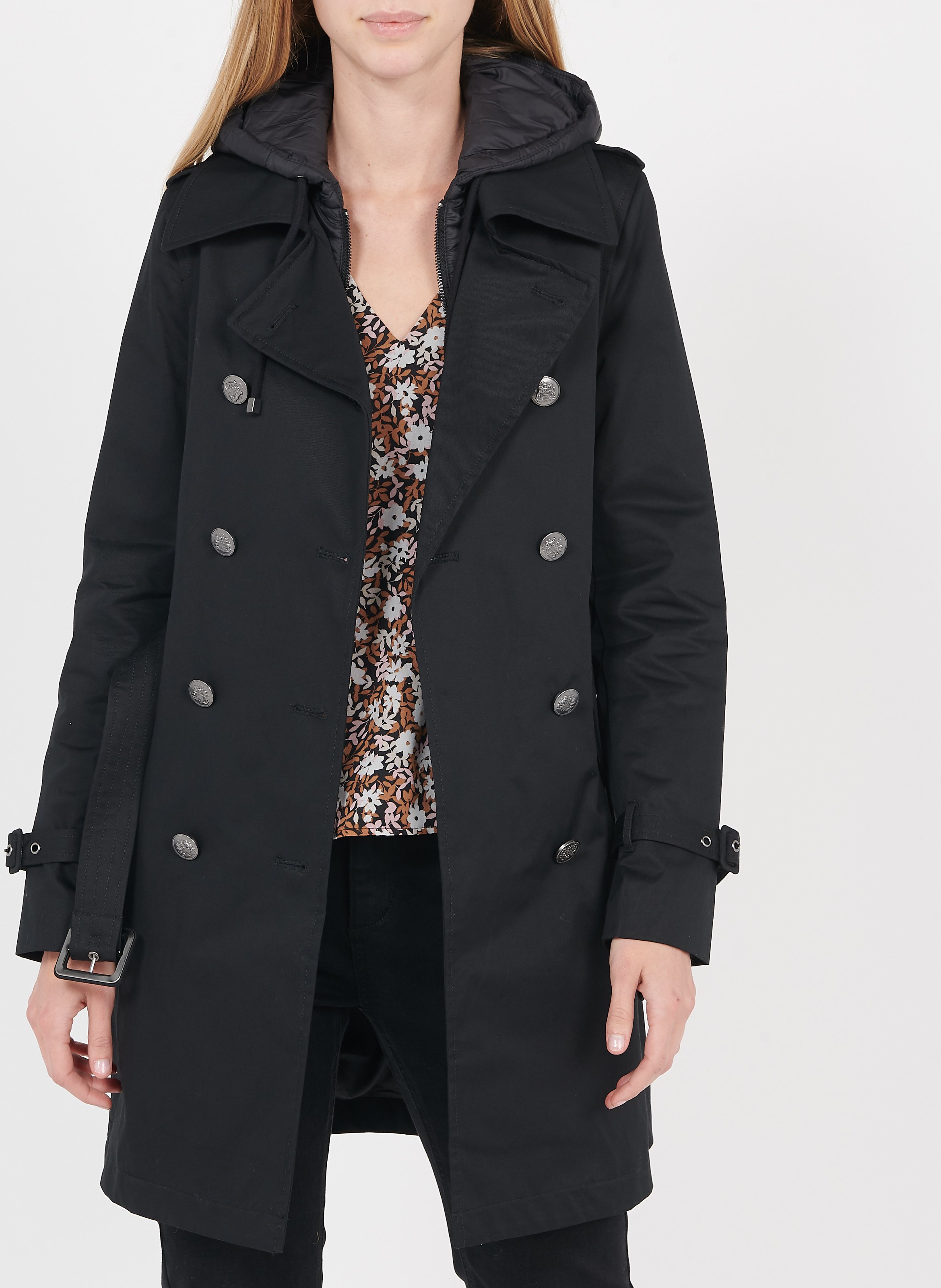 IKKS Black Hooded cotton trench with tailored collar