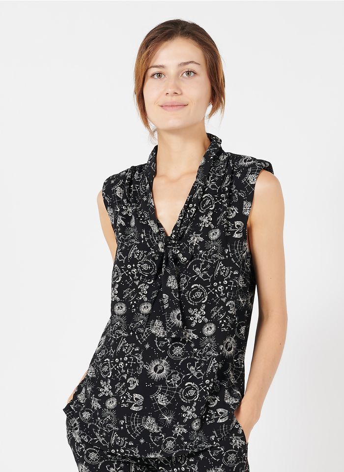 IKKS Black Printed crepe top with pussy-bow collar
