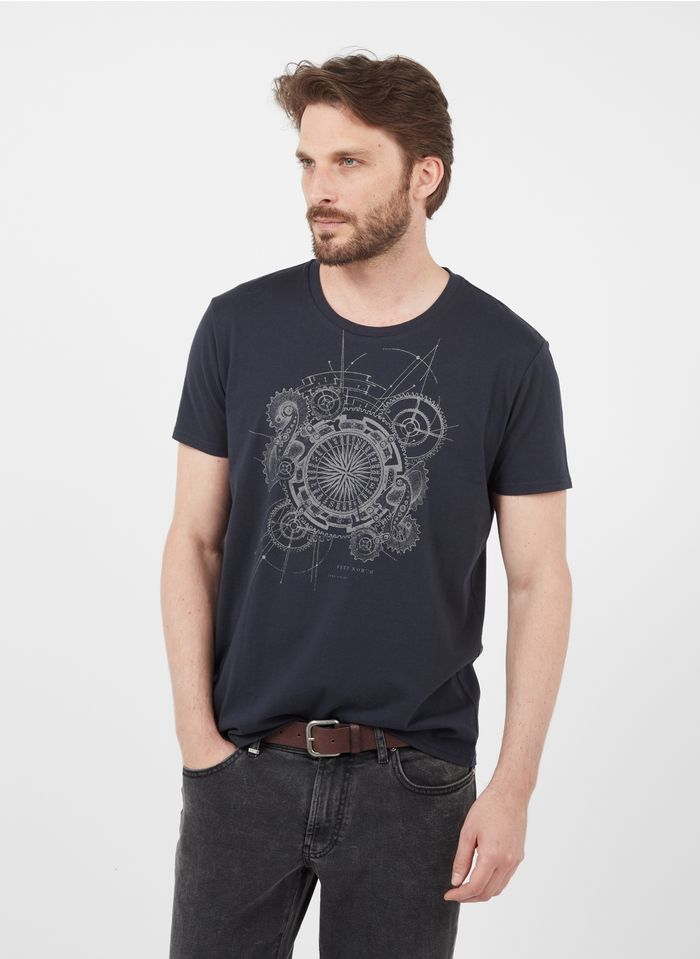 IKKS Blue Slim-fit round-neck cotton T-shirt with screen print