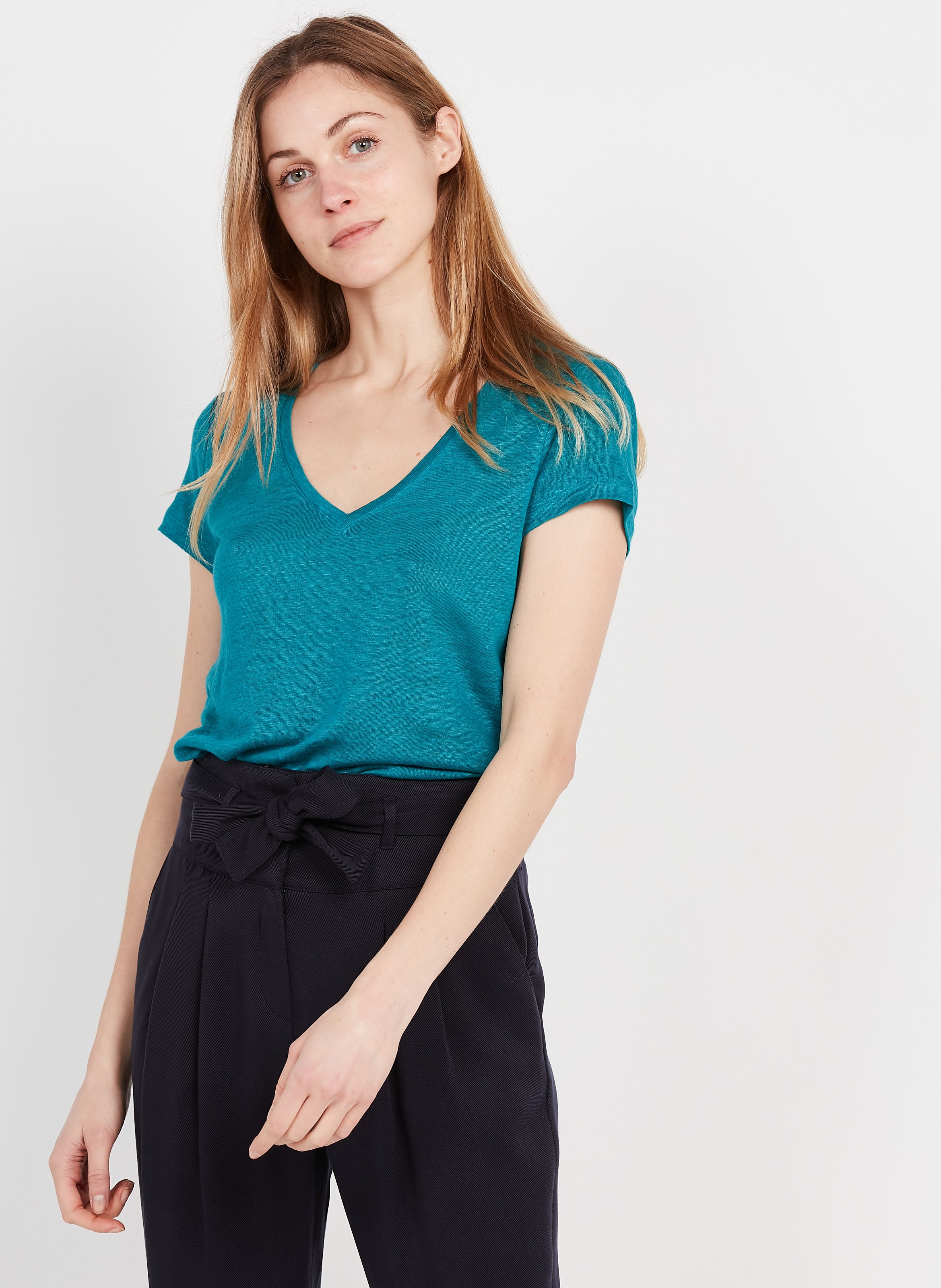 V-neck Linen T-shirt Turquoise Ikks 