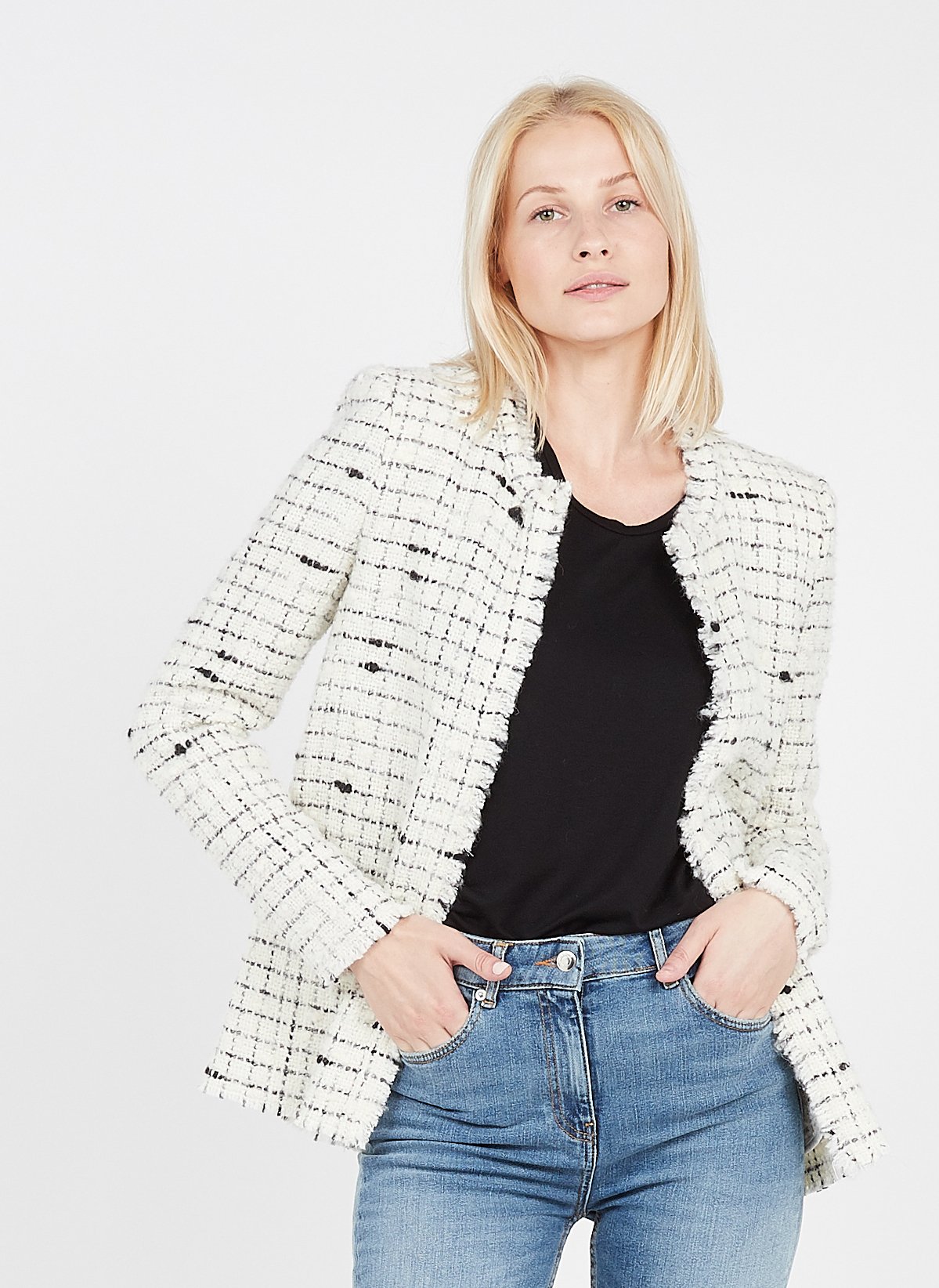 Round-neck Tweed Jacket Ecru/black Iro 