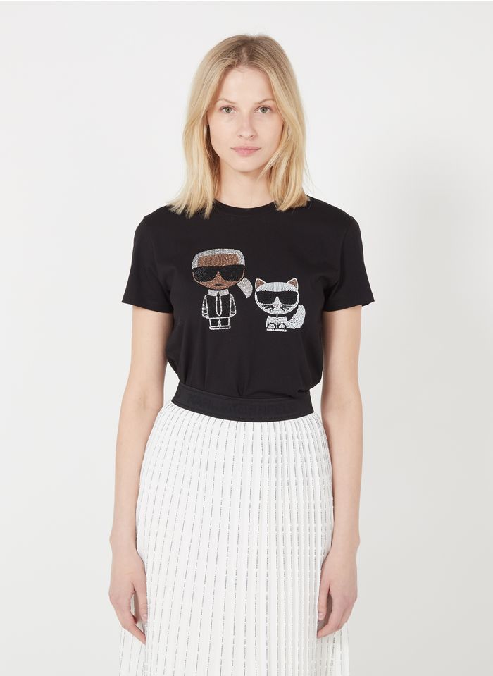 KARL LAGERFELD Black Round-neck organic cotton T-shirt with rhinestones